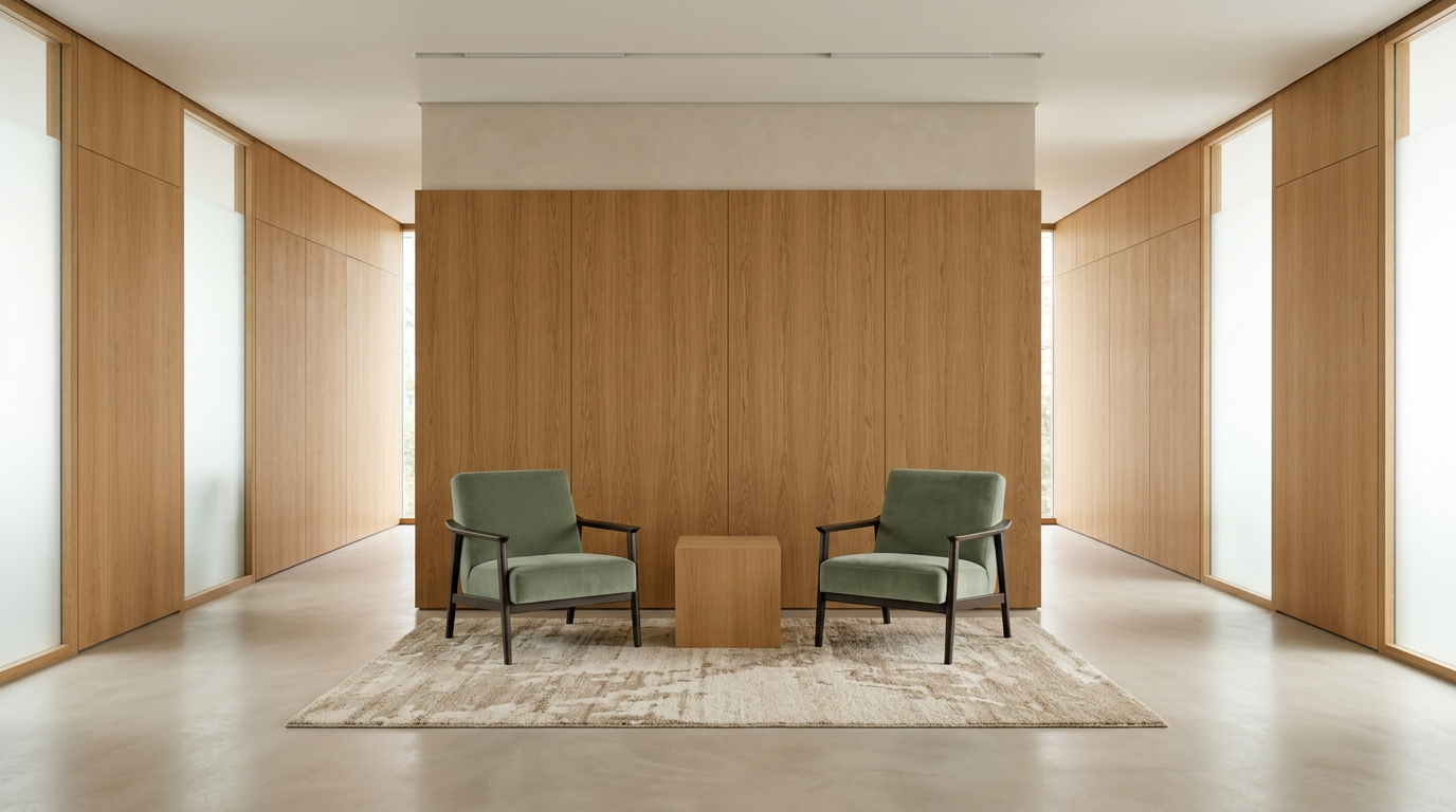 a serene modern interior with sage-green armchairs and warm wood panelling, empty and calm