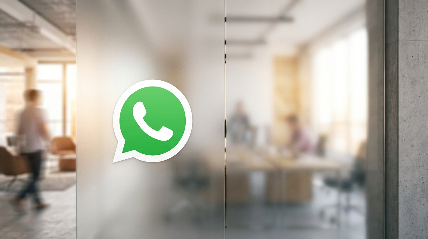Green WhatsApp logo on glass door, blurred office, person walking