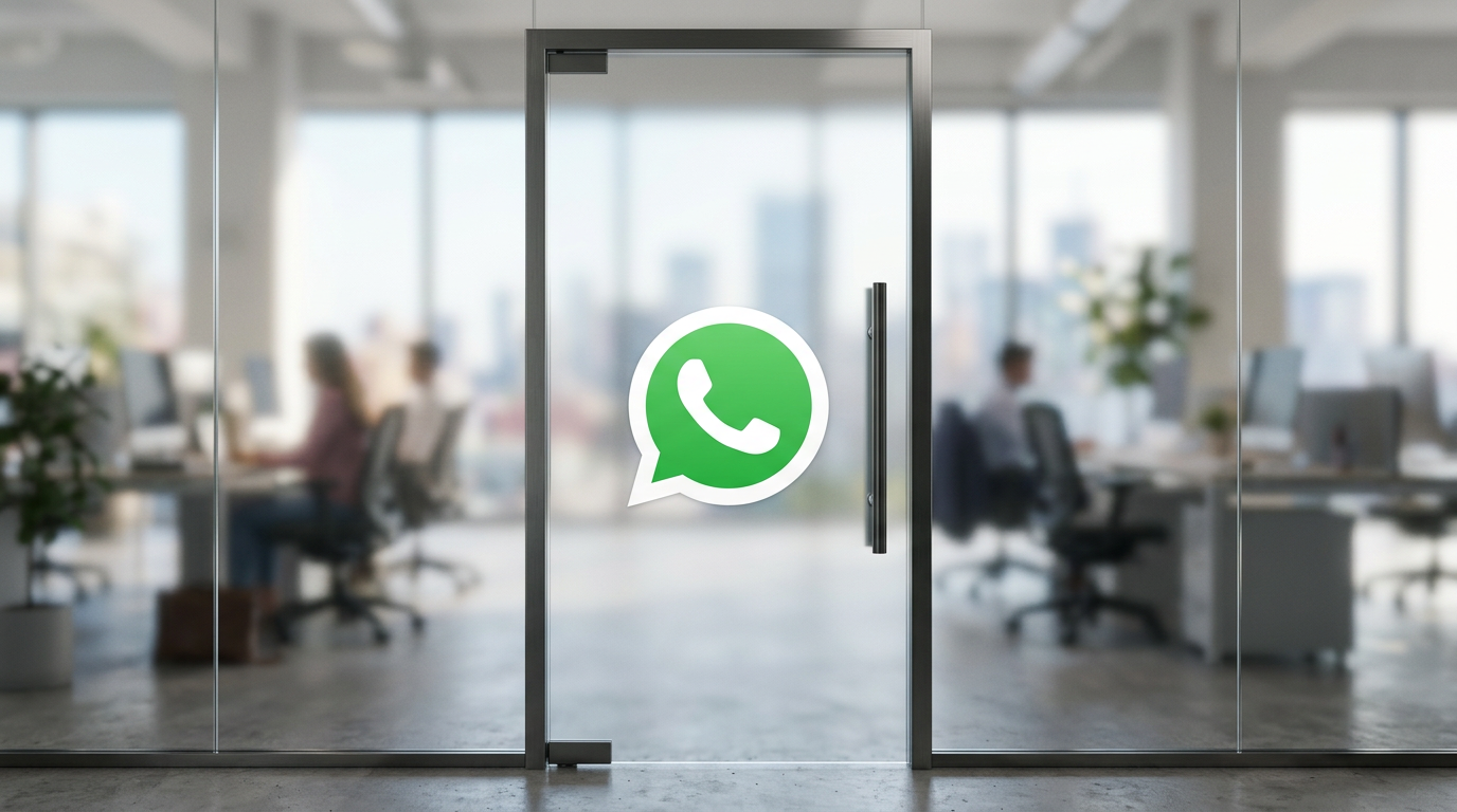 Glass office door with WhatsApp logo decal, blurred workers, city skyline background