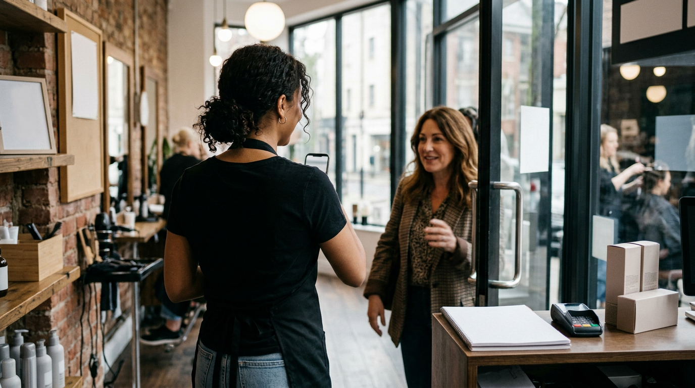 Hair salon interior, stylist greeting client at glass entrance door, brick walls