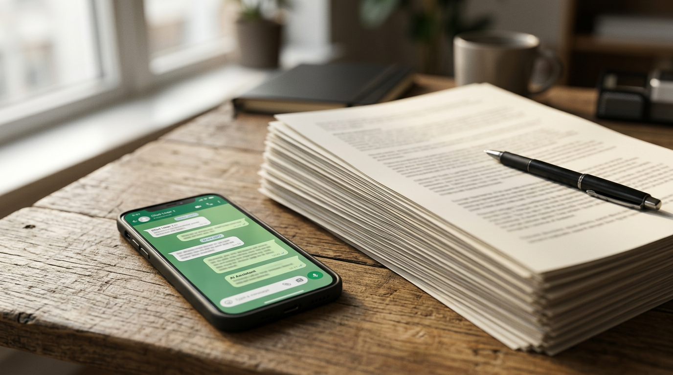 Smartphone showing a WhatsApp chat beside a stack of printed policy documents on a desk