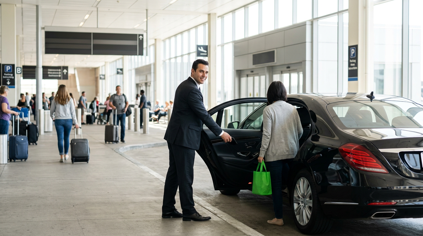Chauffeur opening the rear door of a sedan for a client at bright airport arrivals