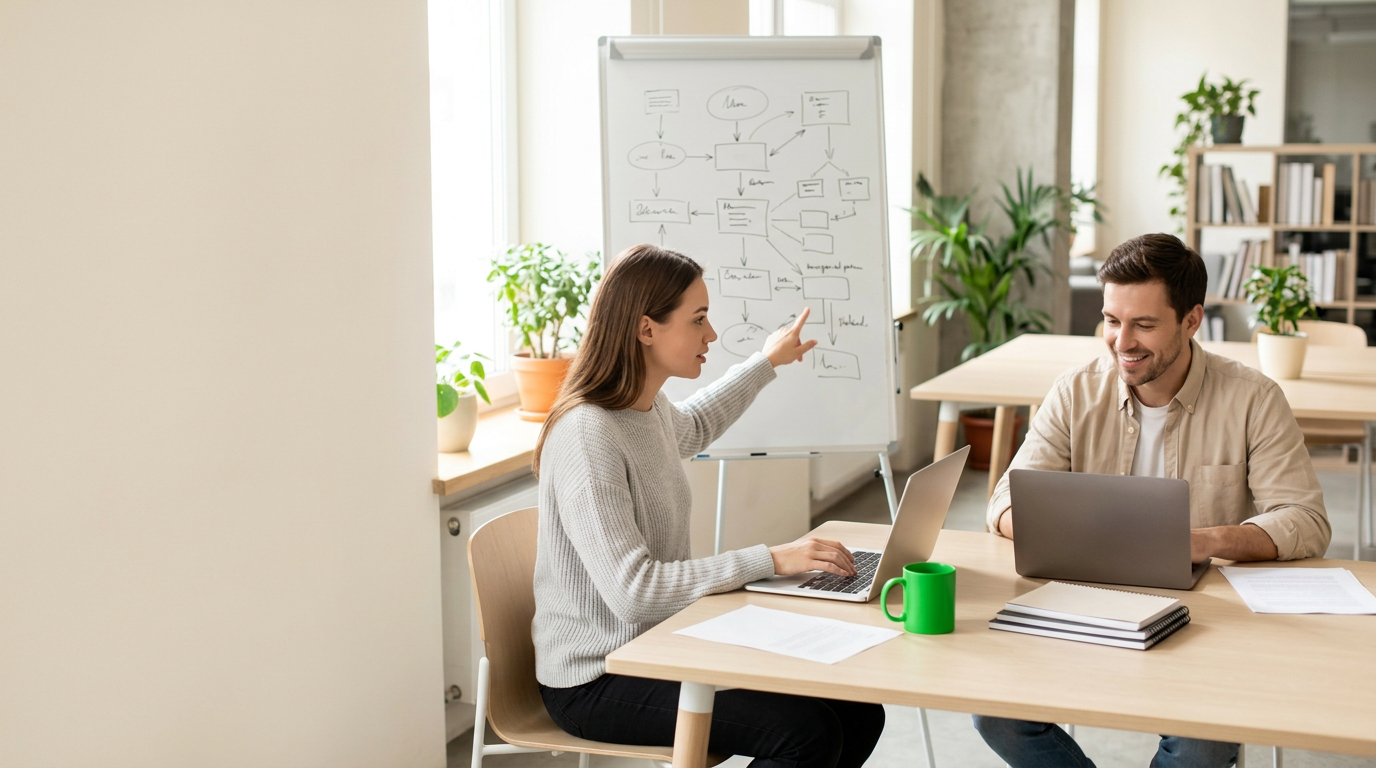 Two colleagues mapping a customer segment flowchart on a whiteboard in a bright office