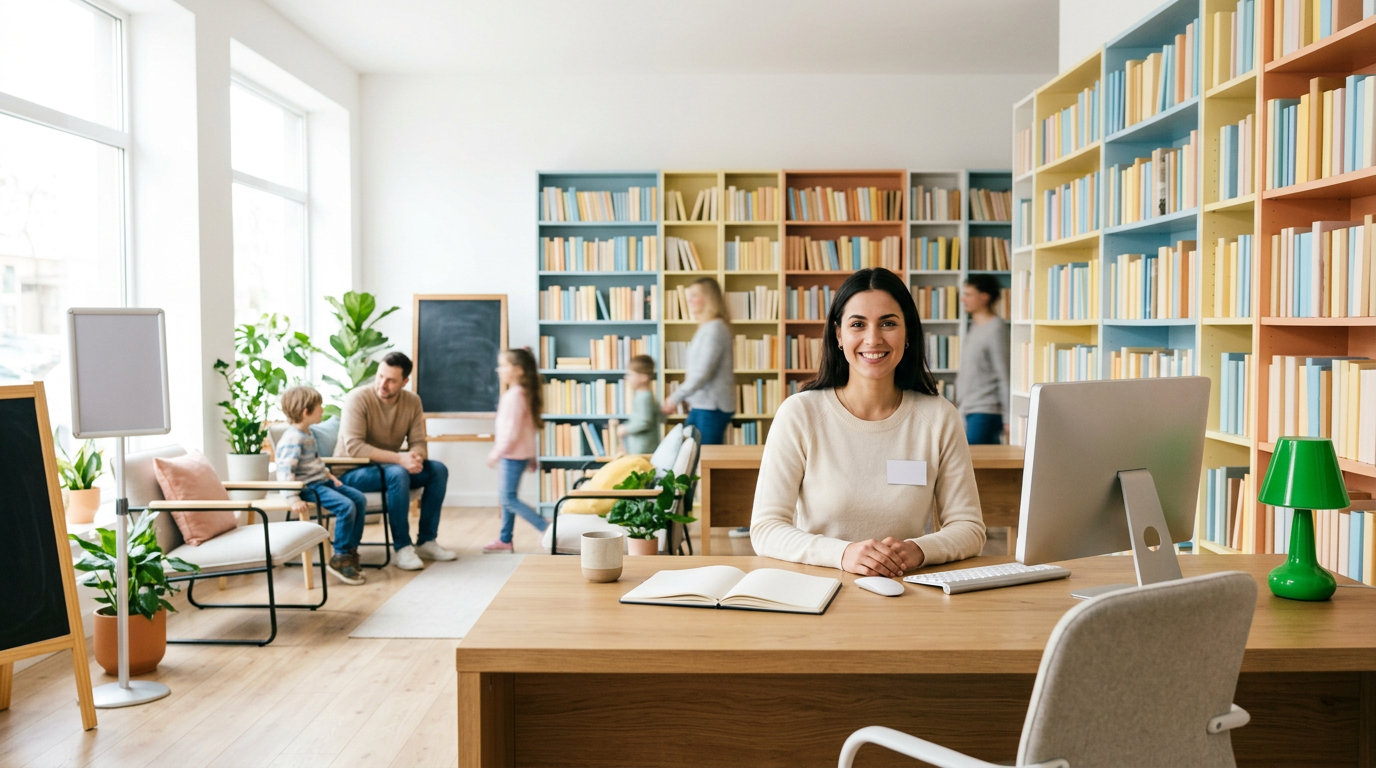 Receptionist at a bright tutoring-center front desk with families in the background