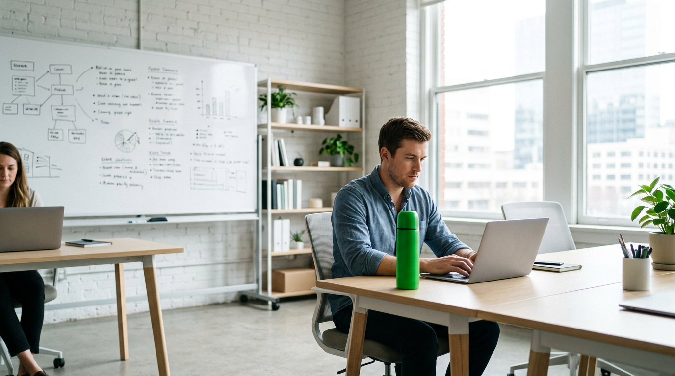 Automation planner working at a laptop beside a whiteboard of workflow diagrams