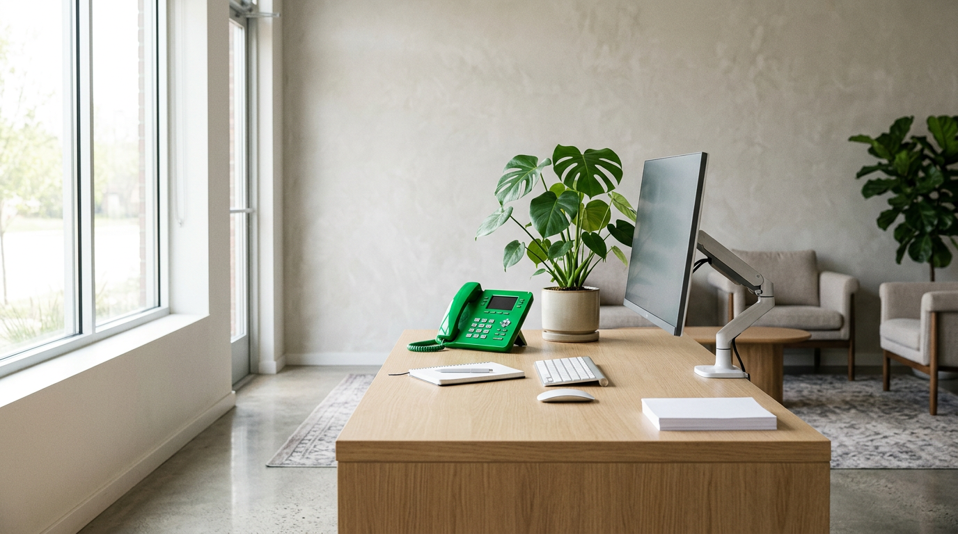 Green desk telephone beside a modern monitor on a bright office desk