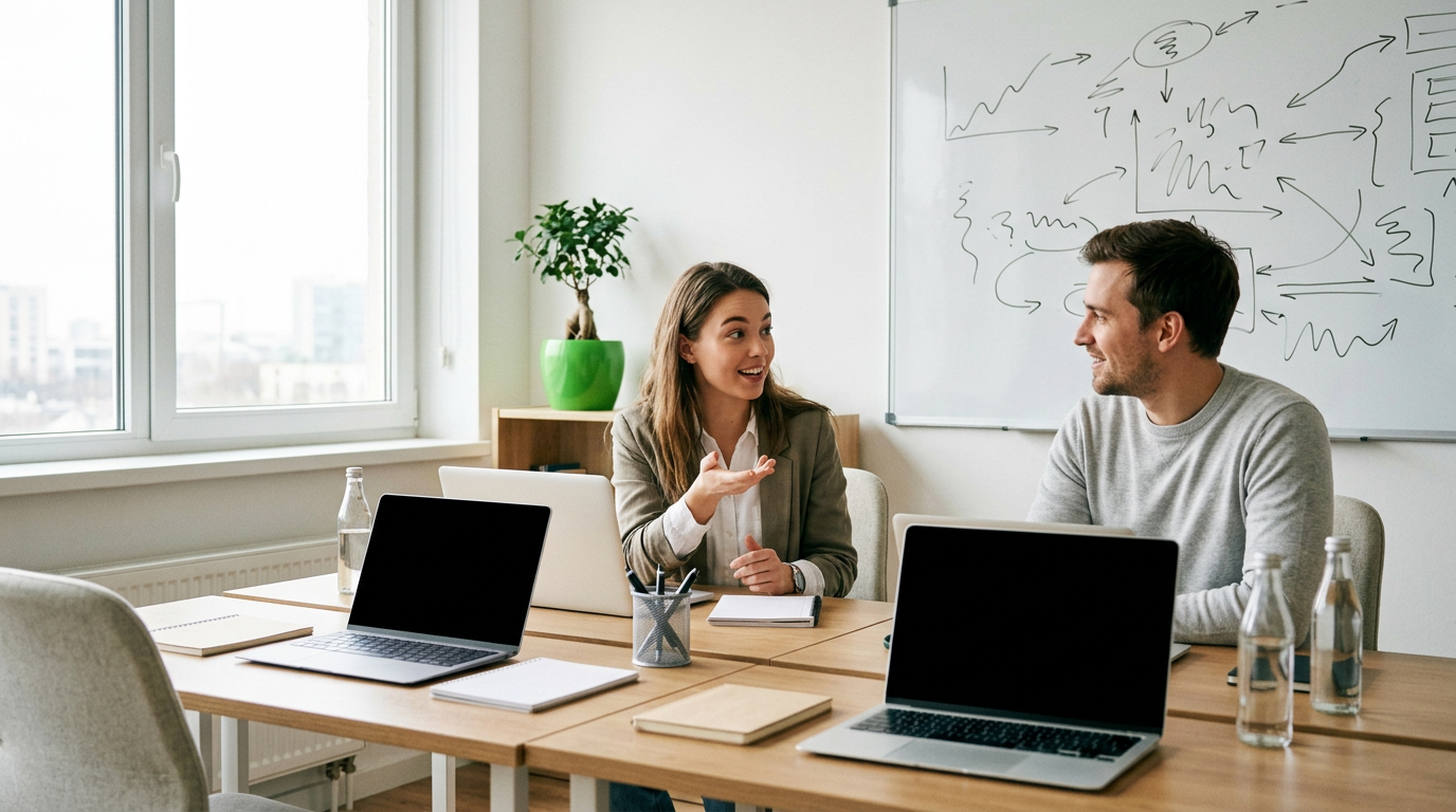 Two teammates discussing a routing diagram whiteboard at side-by-side desks
