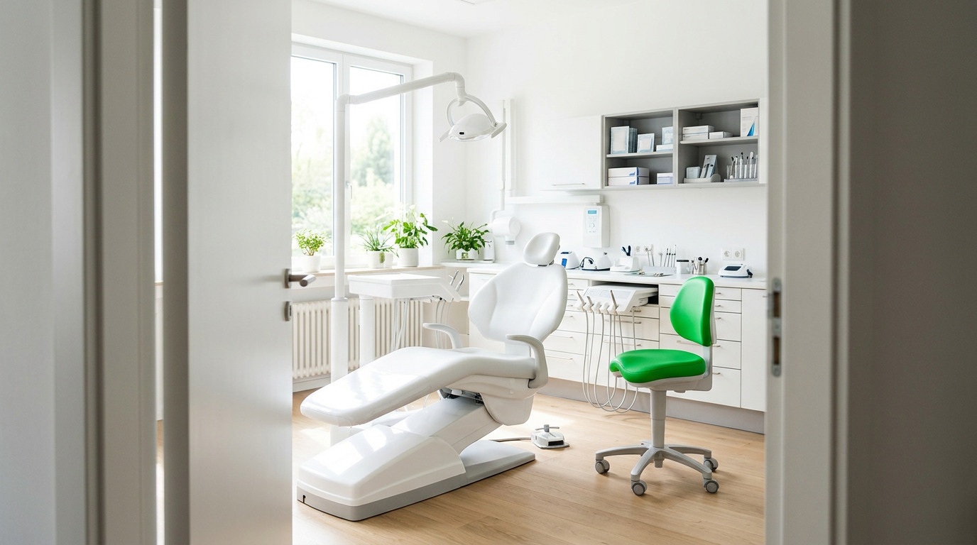 Bright dental treatment room with a green stool and daylight