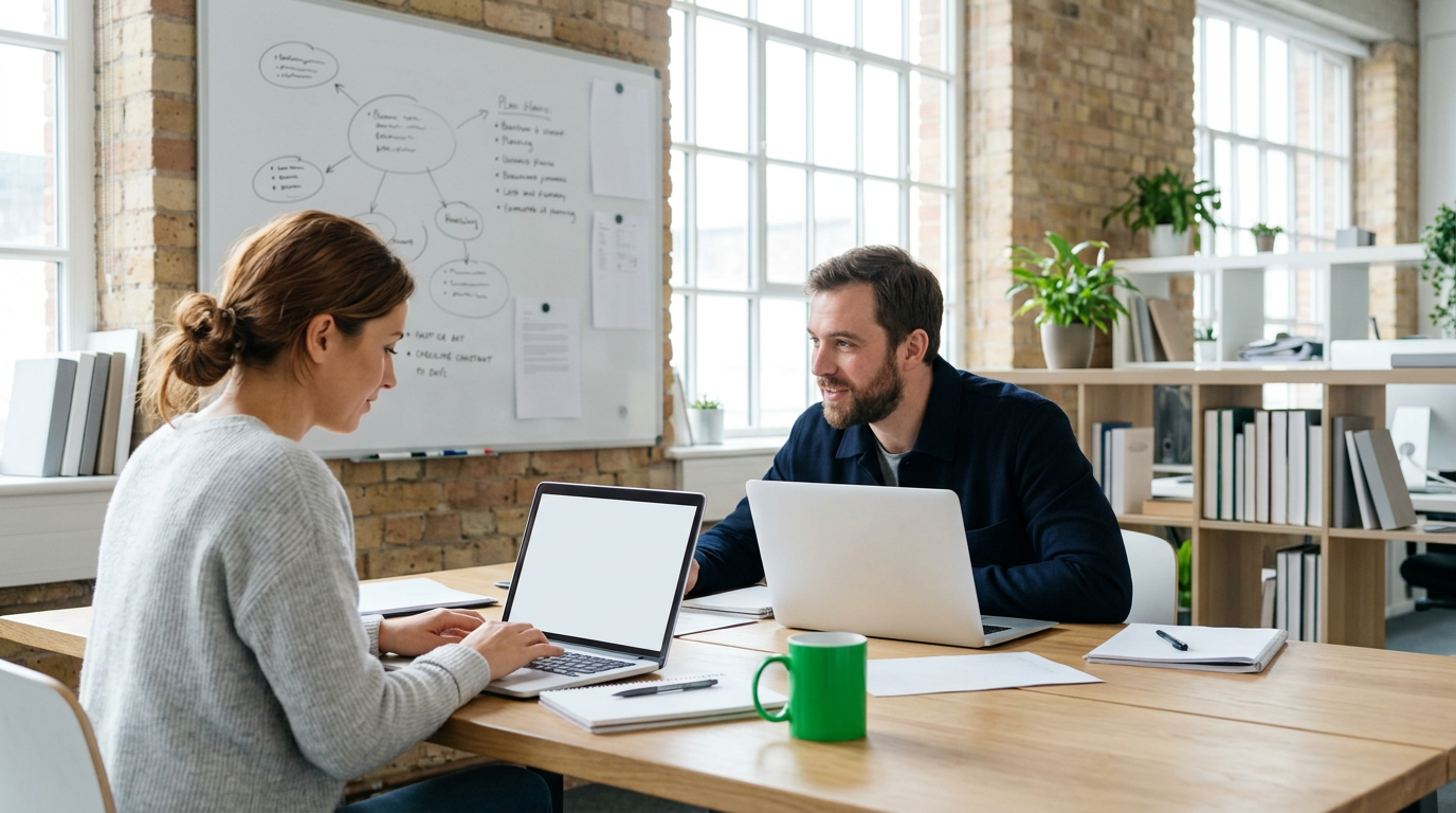 Two colleagues planning at laptops beneath a whiteboard in a bright office