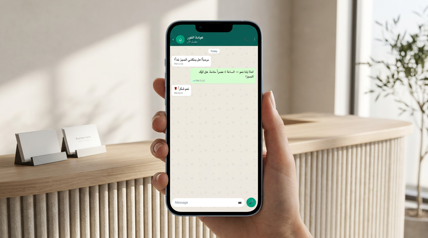 Hand holding a phone showing an Arabic WhatsApp booking conversation at a clinic desk