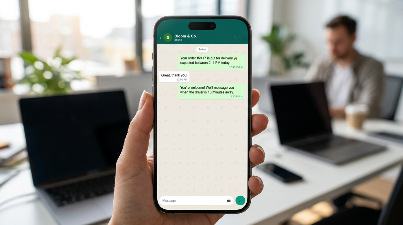 Hand holding smartphone showing WhatsApp delivery update chat in bright office with colleague working