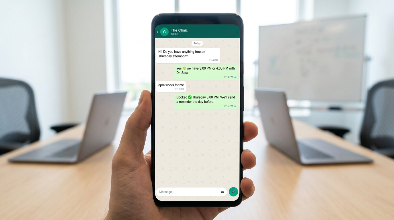 Hand holds phone showing WhatsApp clinic appointment booking chat in a bright meeting room