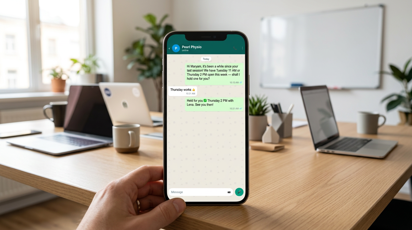 Hand holding phone with WhatsApp physio rebooking chat on a bright office desk