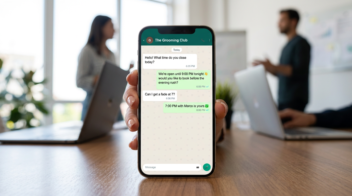 Hand holds phone showing barbershop WhatsApp booking chat in a bright office with colleagues