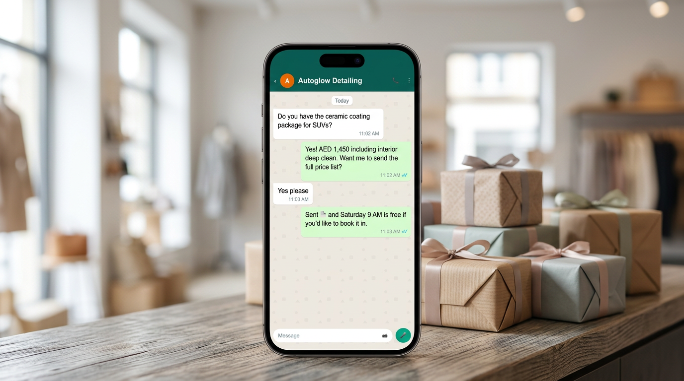 Phone on a boutique counter displays car detailing WhatsApp chat beside ribbon-wrapped gift boxes
