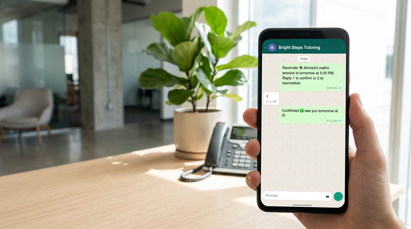 Hand holds phone showing tutoring reminder WhatsApp chat in a bright plant-filled office