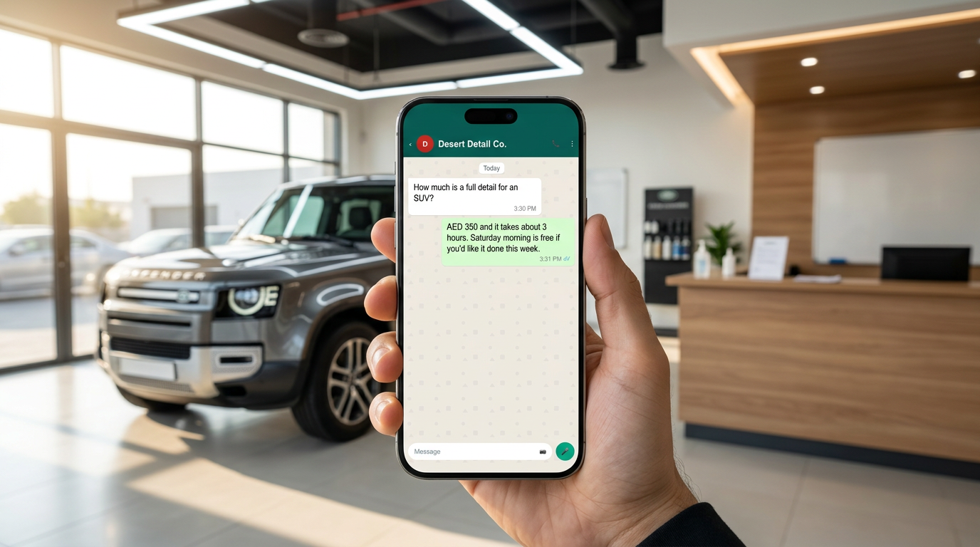 Hand holds phone with car detailing WhatsApp chat inside a sunlit SUV showroom