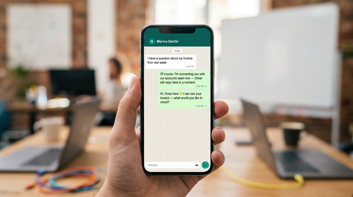 Hand holds phone showing dental clinic WhatsApp handoff chat in a bright loft office