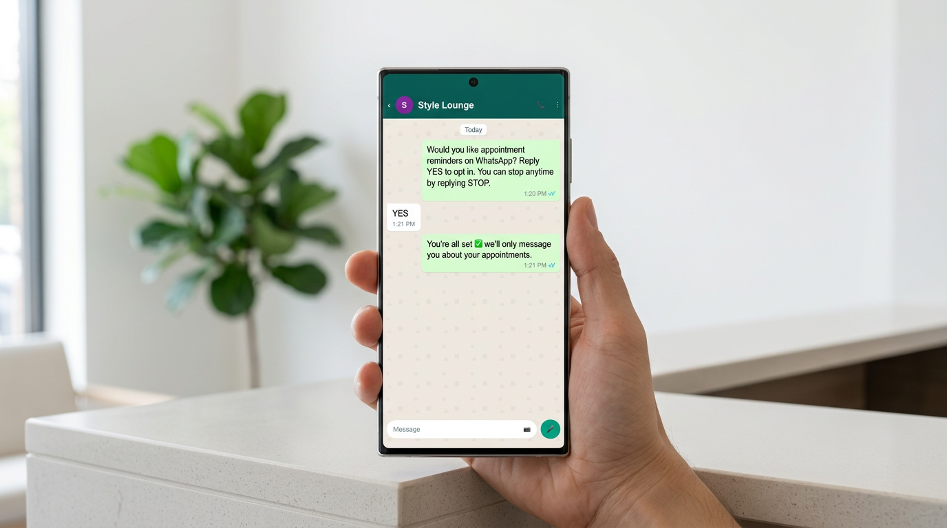 Hand holding a smartphone showing a WhatsApp opt-in conversation for Style Lounge appointment reminders.