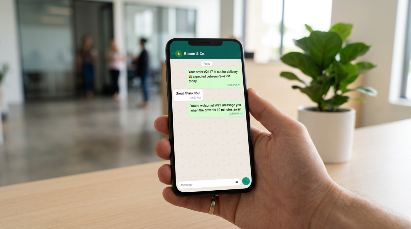 Hand holding smartphone showing WhatsApp delivery update chat in a bright modern office