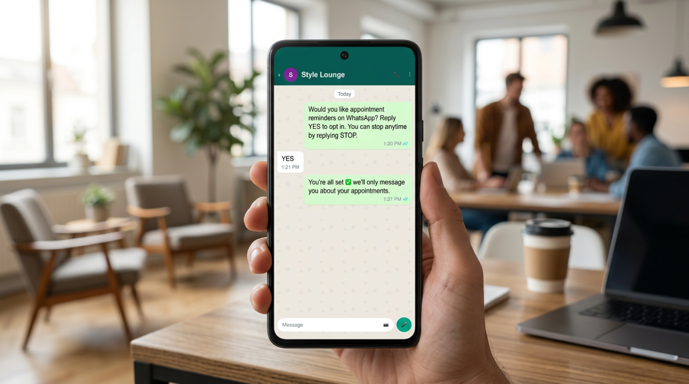 Hand holds phone showing WhatsApp appointment reminder opt-in chat in a sunny coworking cafe