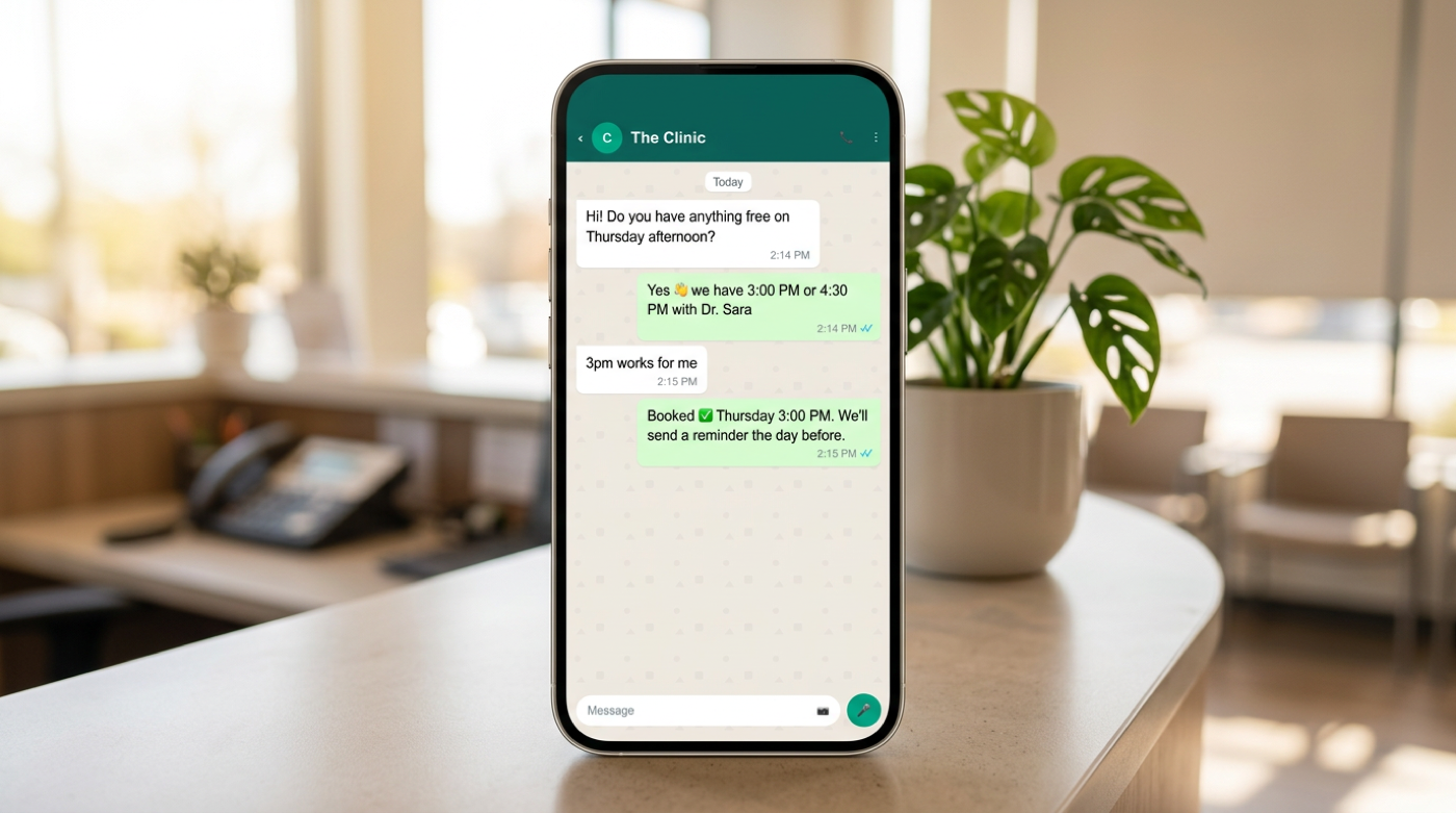 Phone on clinic reception counter displaying WhatsApp appointment booking conversation in warm daylight