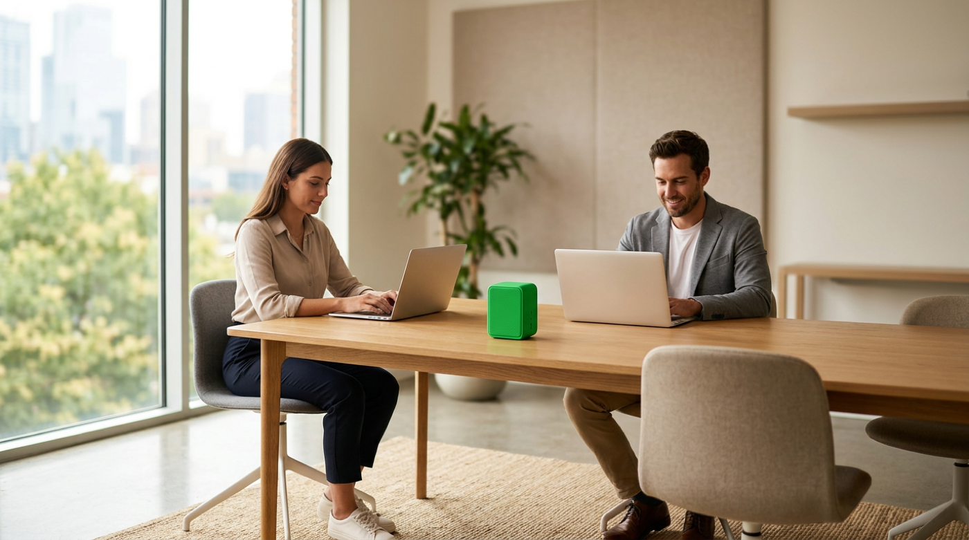 Two colleagues work on laptops at a wooden table with green cube, daylight office