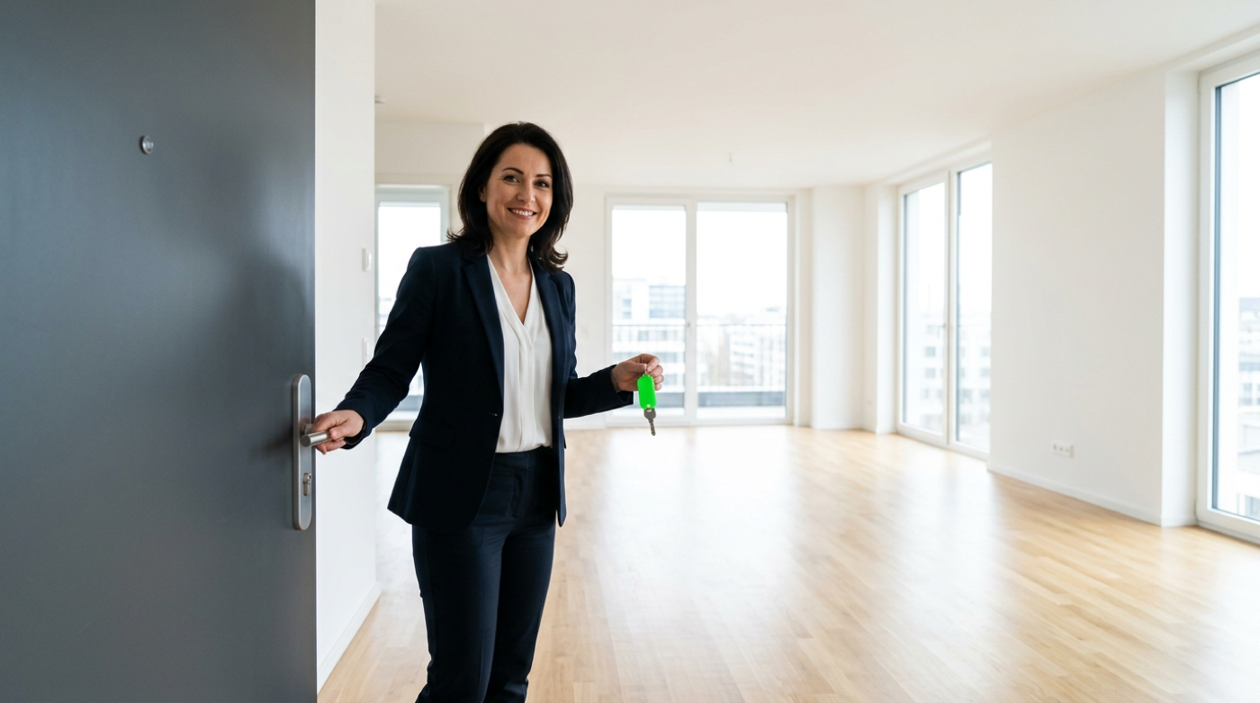 Smiling property manager holding green key fob in a bright empty apartment with city views