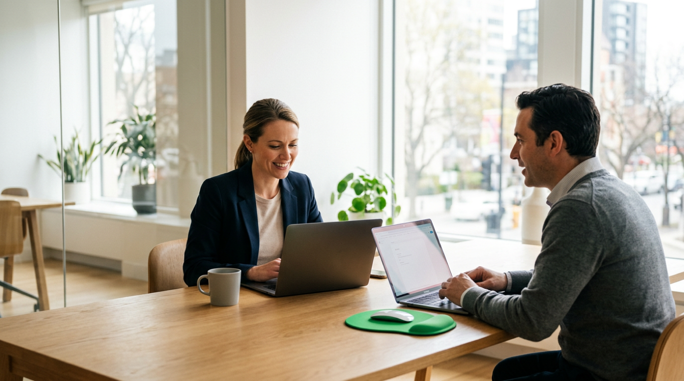 Two professionals meet over laptops at a sunlit desk with green mouse pad
