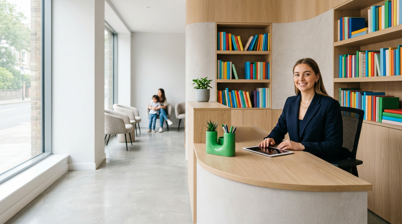 Smiling receptionist with tablet at bright tutoring center desk, colorful bookshelves and waiting family