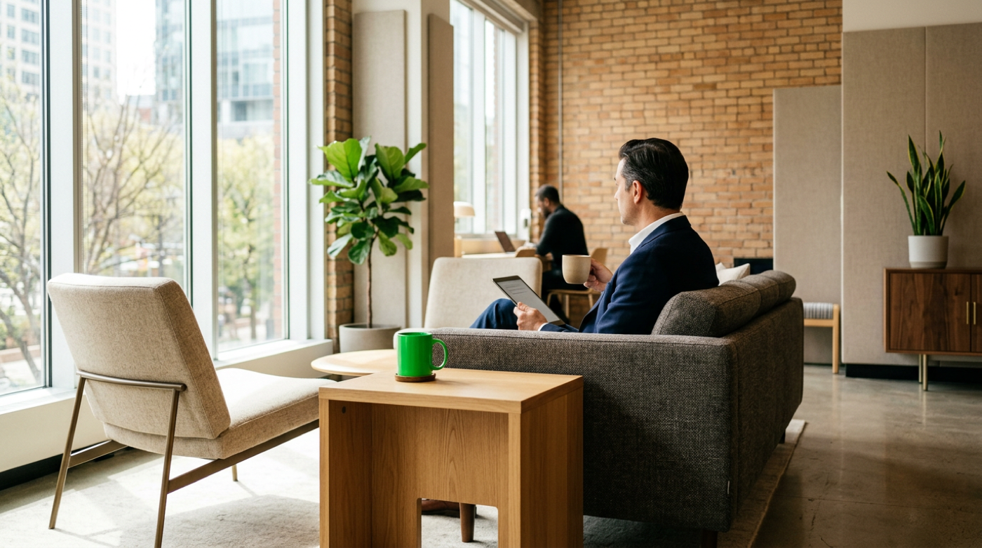 Businessman reads tablet with coffee on sofa in a warm daylit brick loft office