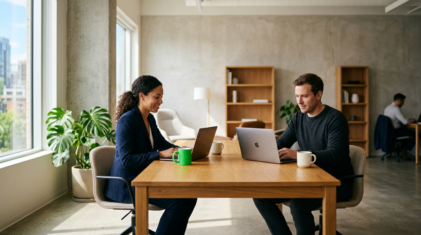 Two professionals typing on laptops across a wooden desk in a bright concrete office