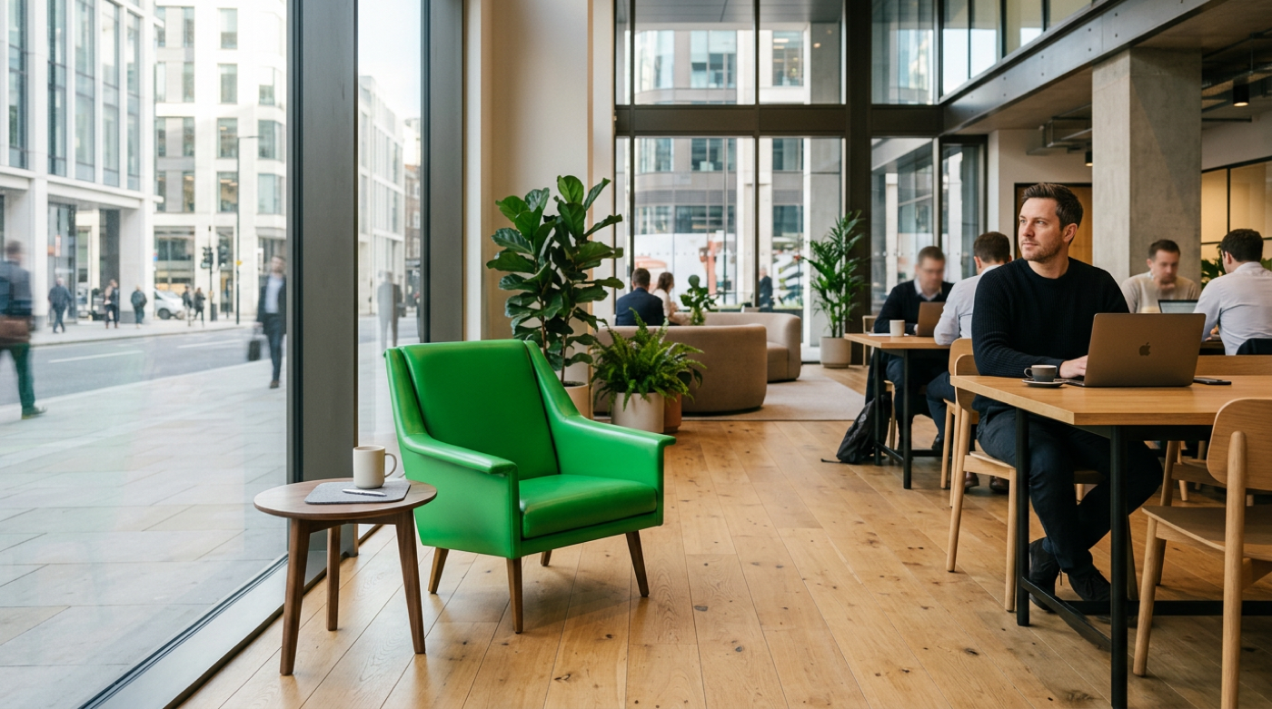 Empty green armchair by sunlit window in busy coworking space, man watching from table