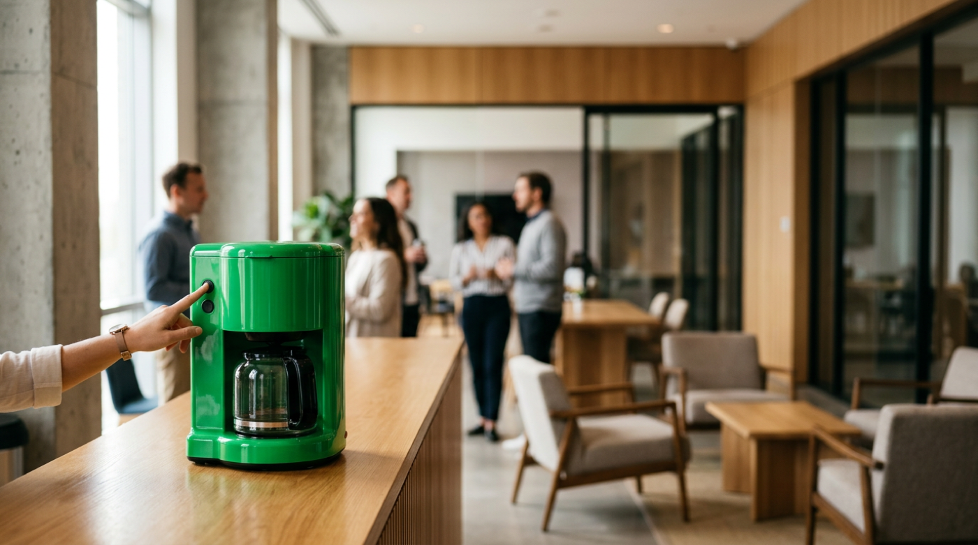 Finger presses button on green coffee machine while colleagues chat in bright office lounge
