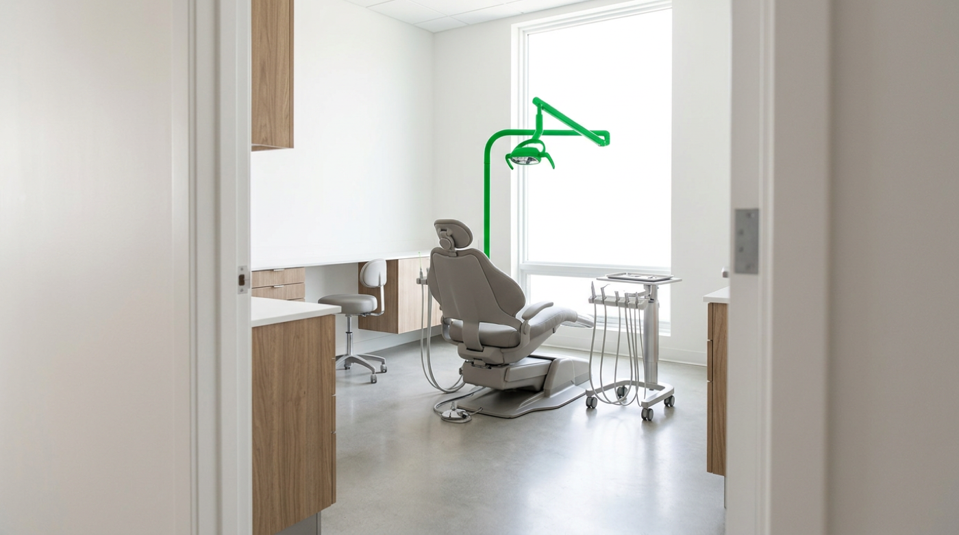 Bright white dental clinic room with green-armed lamp, dental chair and instrument cart