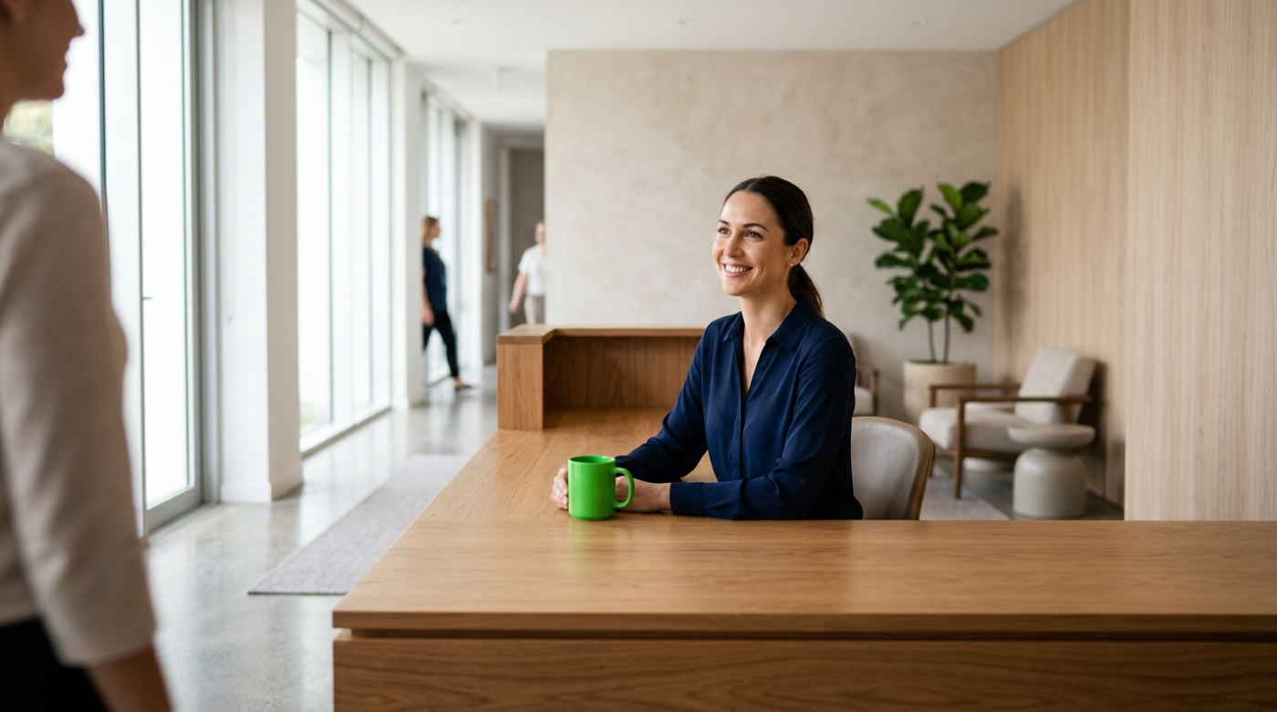 Smiling receptionist with green mug welcomes a visitor at a bright wooden clinic front desk