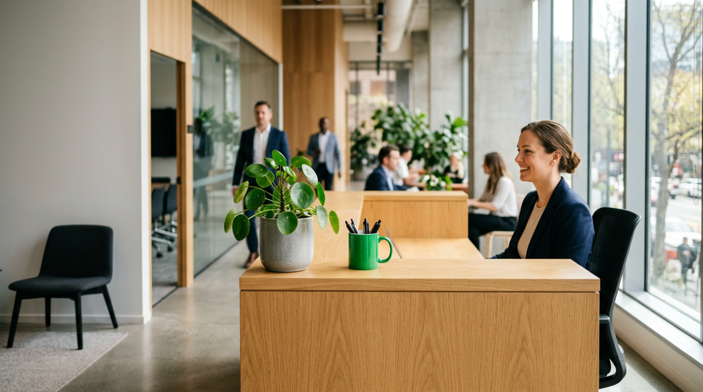Smiling receptionist at a light wood desk in a bright open office with colleagues nearby