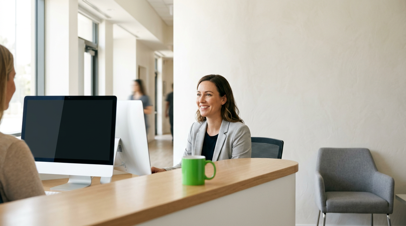 Receptionist in gray blazer smiles at a bright clinic front desk with computer and green mug