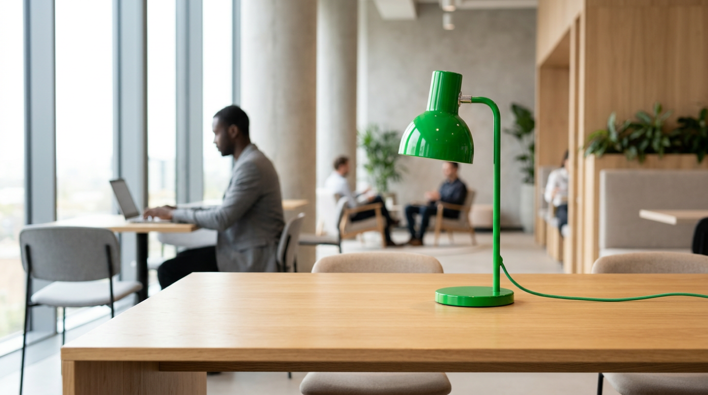 Green desk lamp on wooden table in bright coworking office with professionals working behind