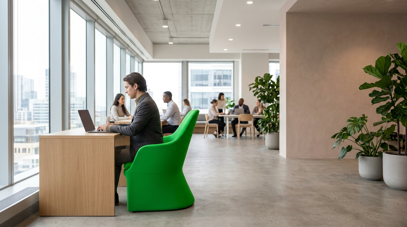 Businessman in green armchair works on laptop in bright high-rise office, teams meeting behind