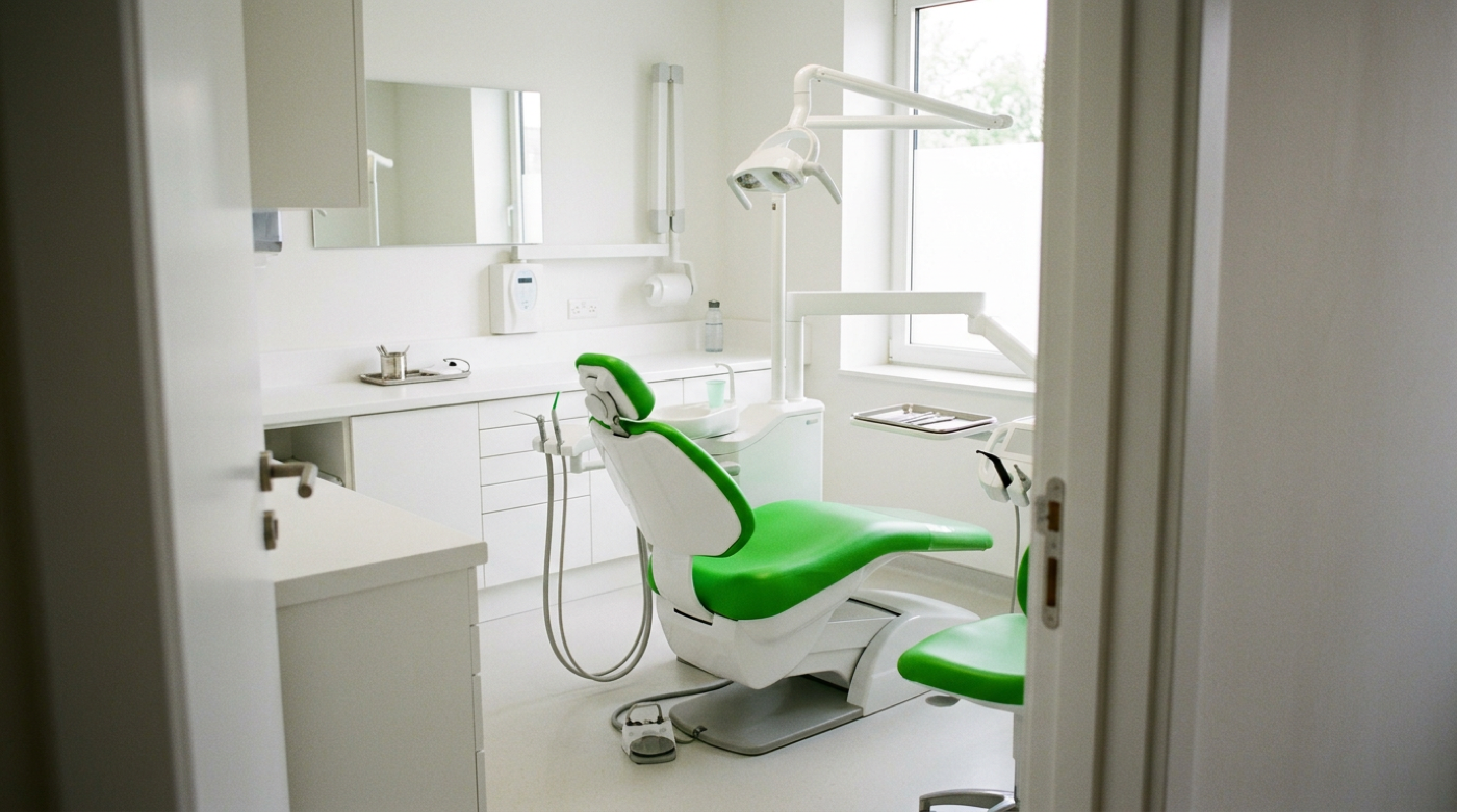 Bright white dental clinic room with green dental chair and overhead lamp by a window