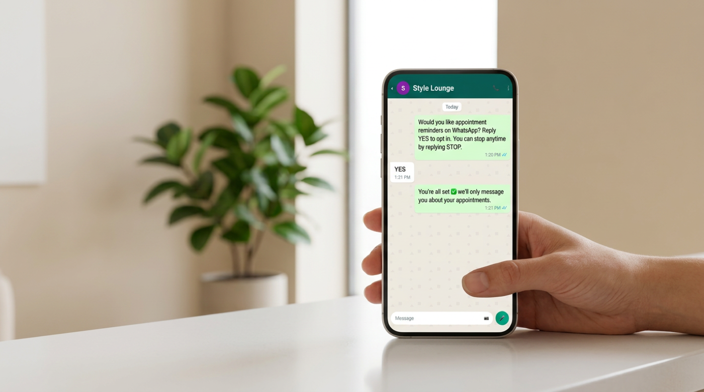 Hand holding phone with WhatsApp opt-in consent chat from Style Lounge salon
