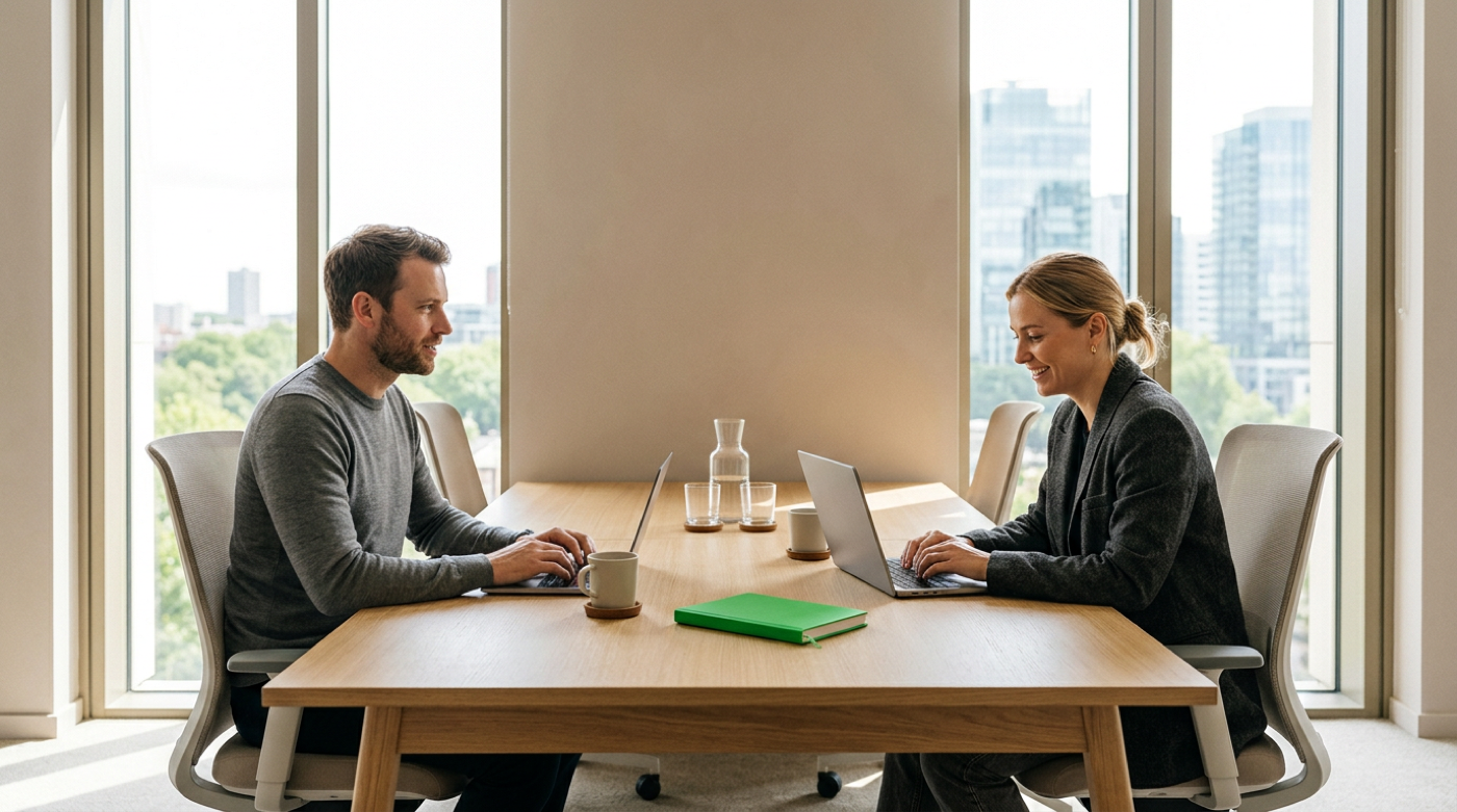 Two colleagues typing on laptops across a sunlit table with a green notebook