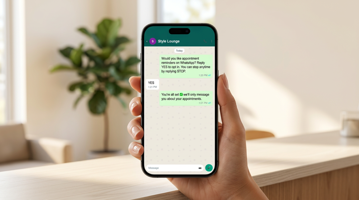 Hand holds phone showing WhatsApp appointment reminder opt-in chat in bright salon interior