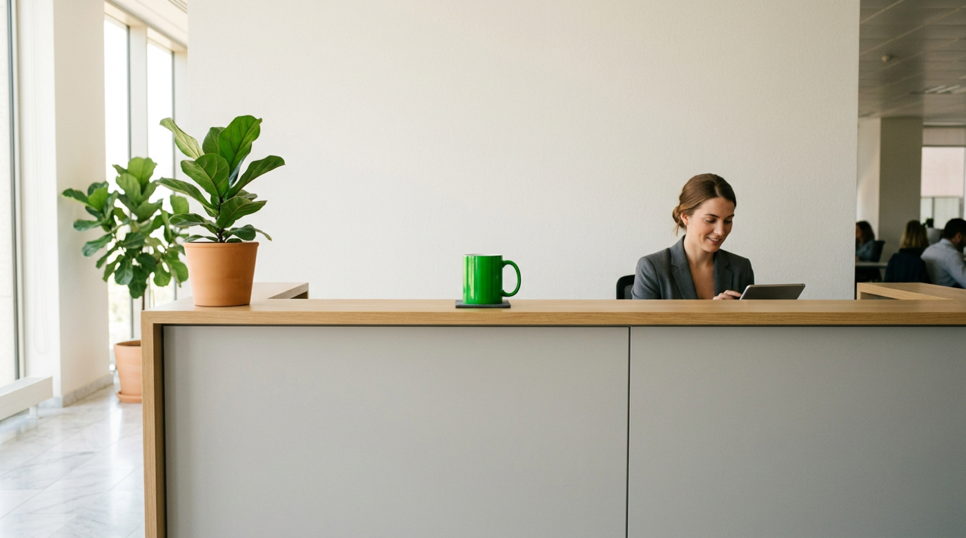Smiling receptionist in gray blazer uses a tablet at a bright front desk