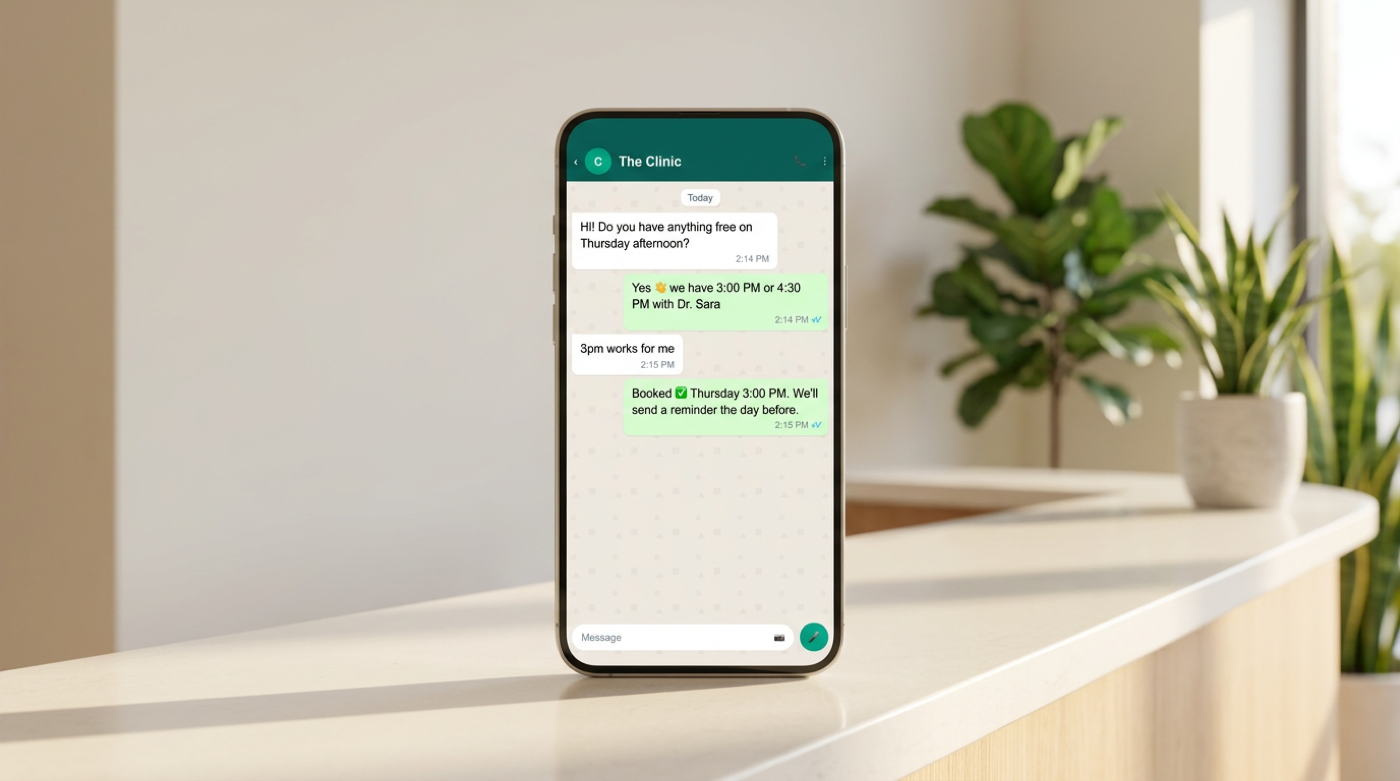 Phone propped on bright reception counter displays WhatsApp clinic booking conversation near plants