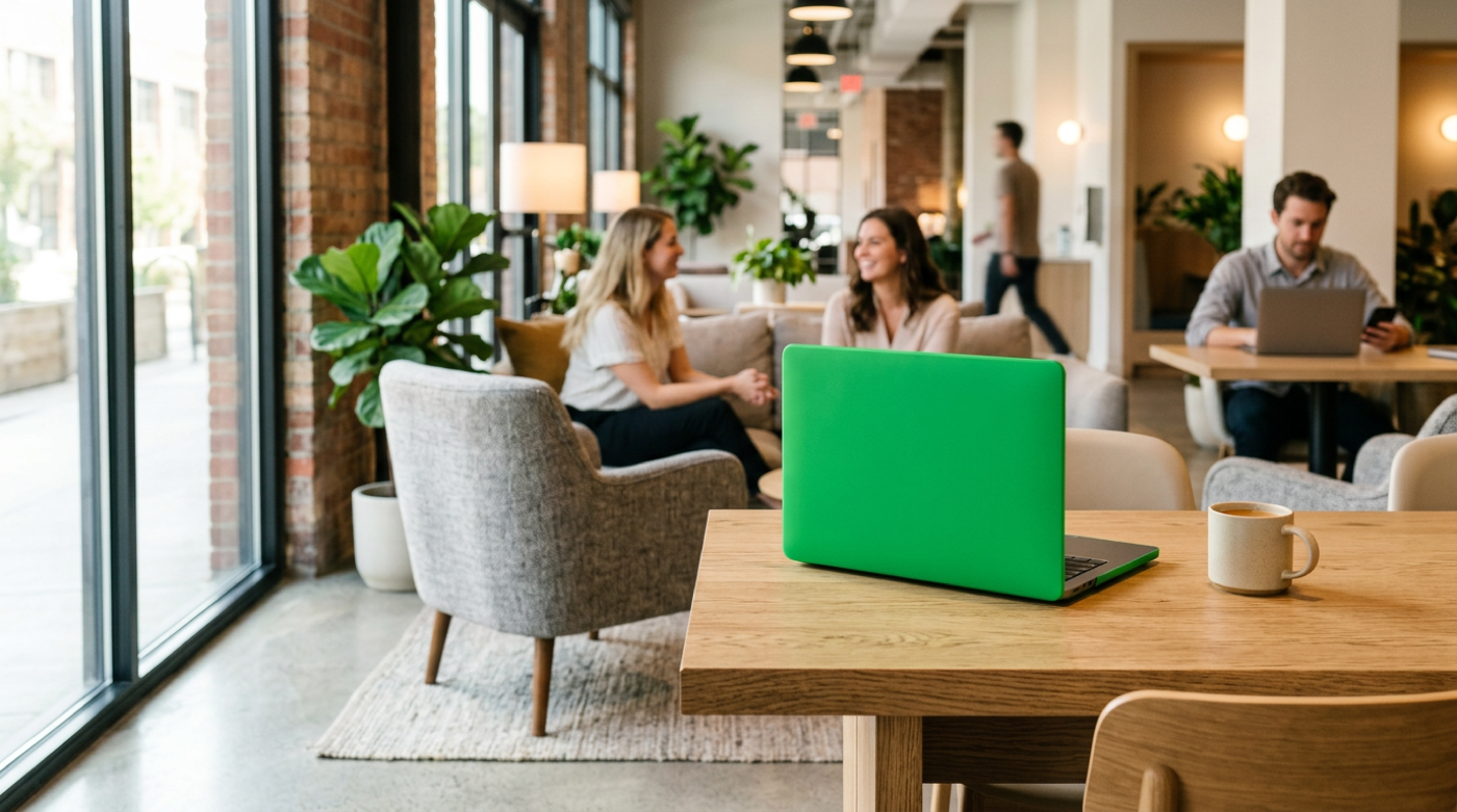 Bright coworking lounge with green laptop on oak table while colleagues chat near tall windows