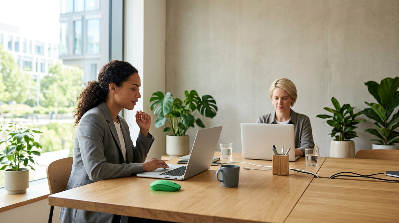Two businesswomen work on laptops at a sunlit wooden desk surrounded by leafy plants