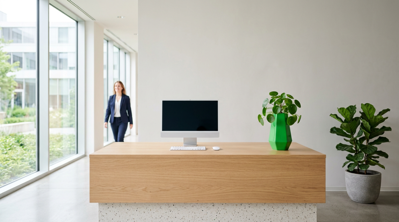 Minimalist wooden reception desk with iMac and green plant vase, woman approaching through daylight