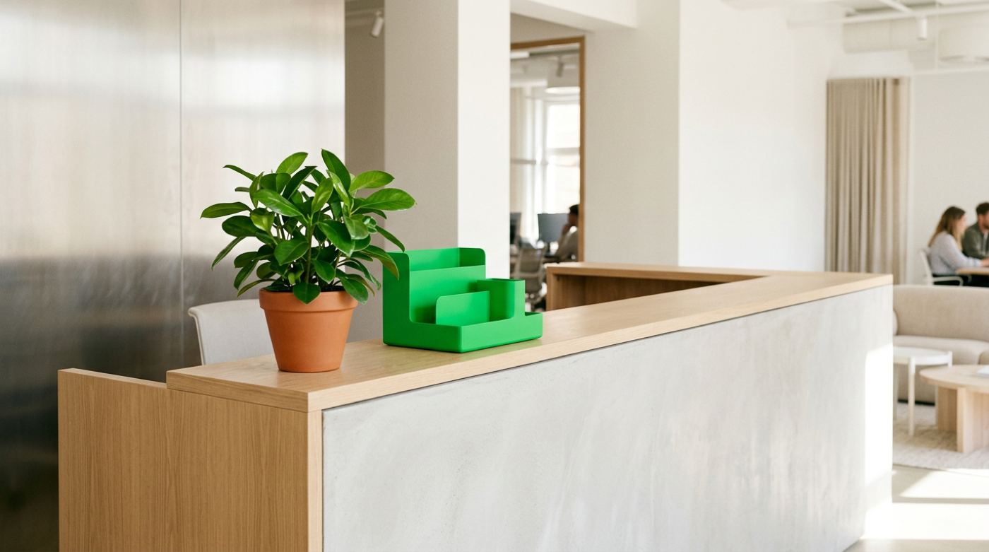 Sunlit office reception counter with potted plant and green organizer, colleagues meeting in background